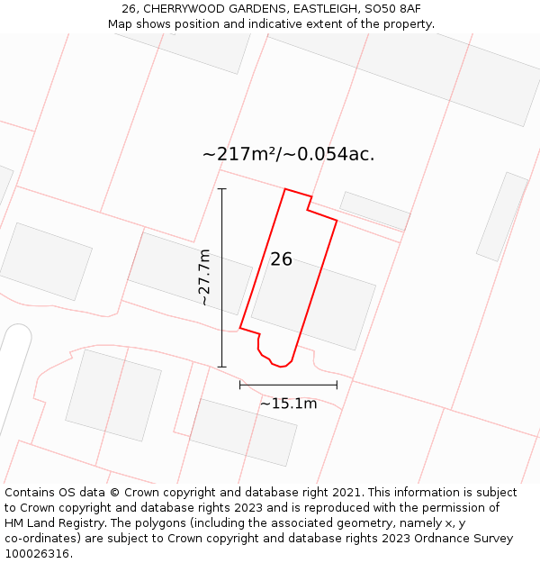 26, CHERRYWOOD GARDENS, EASTLEIGH, SO50 8AF: Plot and title map