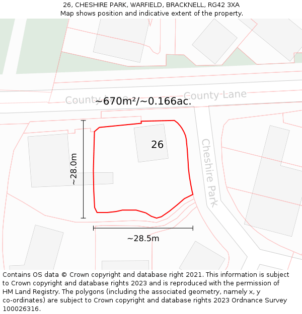 26, CHESHIRE PARK, WARFIELD, BRACKNELL, RG42 3XA: Plot and title map