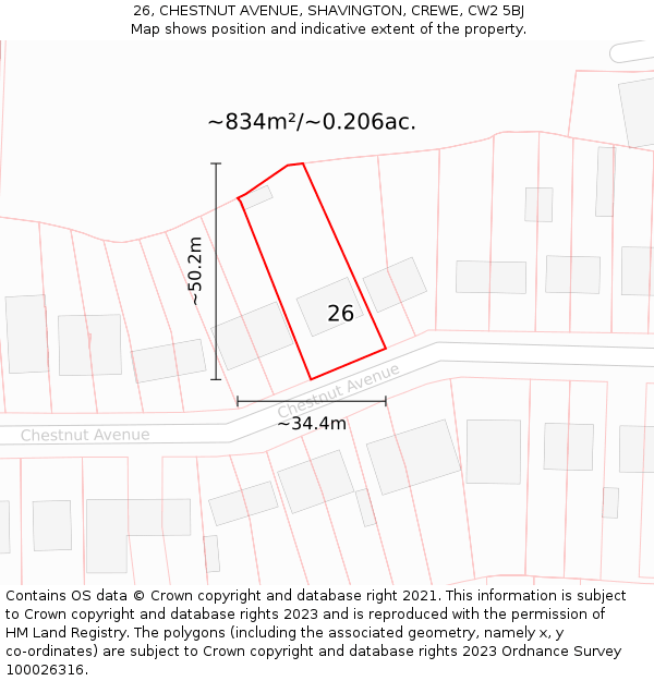 26, CHESTNUT AVENUE, SHAVINGTON, CREWE, CW2 5BJ: Plot and title map