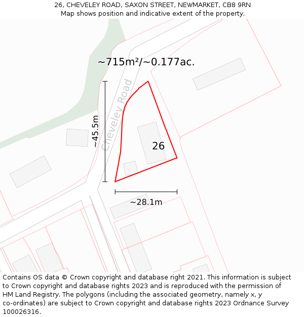 26, CHEVELEY ROAD, SAXON STREET, NEWMARKET, CB8 9RN: Plot and title map