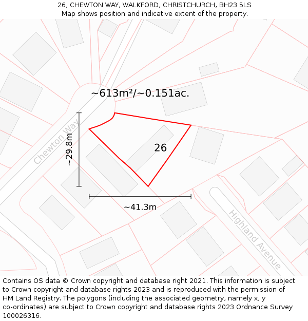 26, CHEWTON WAY, WALKFORD, CHRISTCHURCH, BH23 5LS: Plot and title map