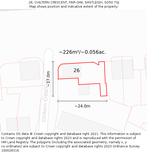 26, CHILTERN CRESCENT, FAIR OAK, EASTLEIGH, SO50 7GJ: Plot and title map