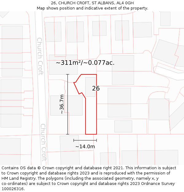 26, CHURCH CROFT, ST ALBANS, AL4 0GH: Plot and title map