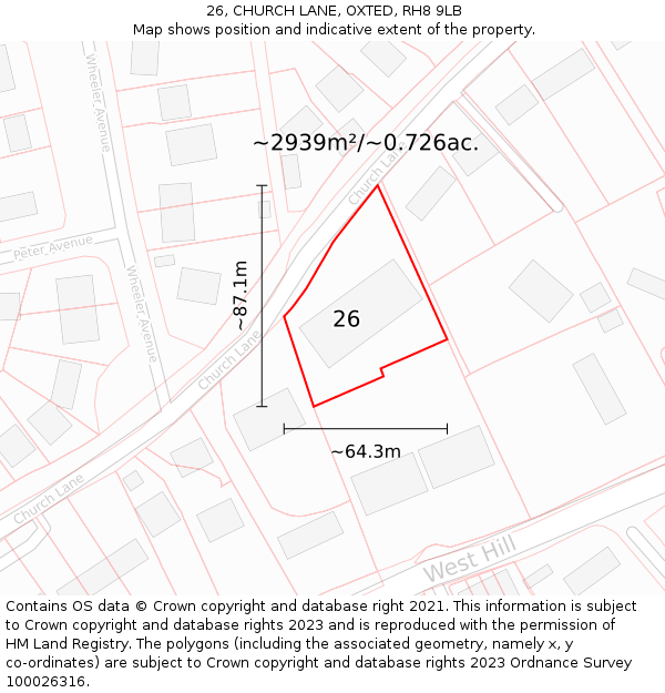 26, CHURCH LANE, OXTED, RH8 9LB: Plot and title map