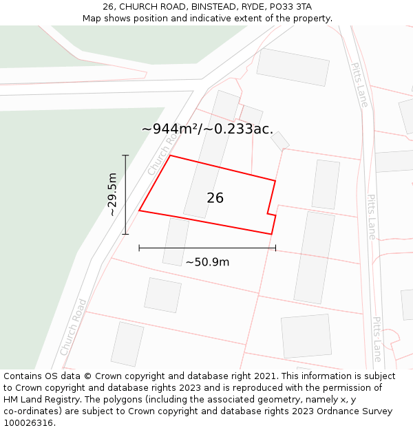 26, CHURCH ROAD, BINSTEAD, RYDE, PO33 3TA: Plot and title map