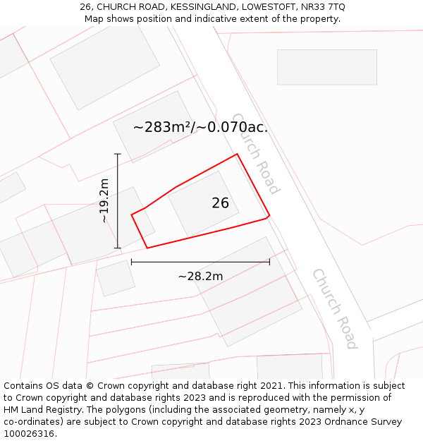 26, CHURCH ROAD, KESSINGLAND, LOWESTOFT, NR33 7TQ: Plot and title map