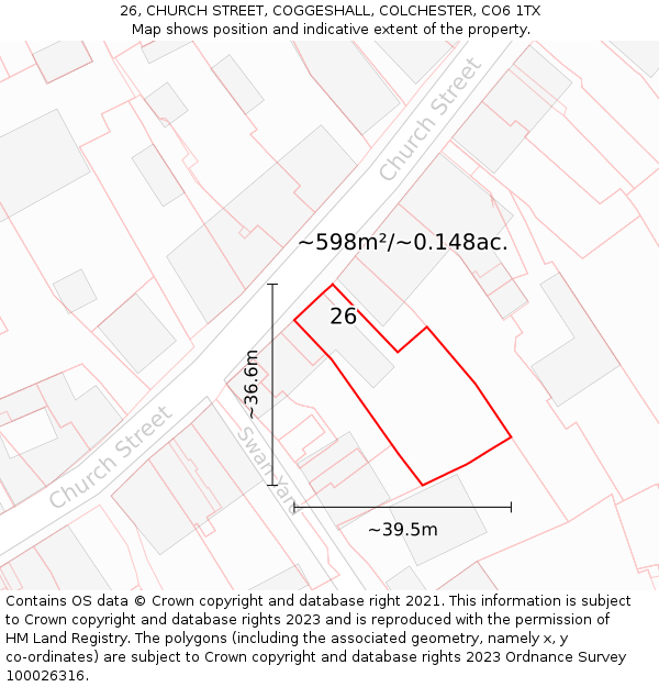 26, CHURCH STREET, COGGESHALL, COLCHESTER, CO6 1TX: Plot and title map
