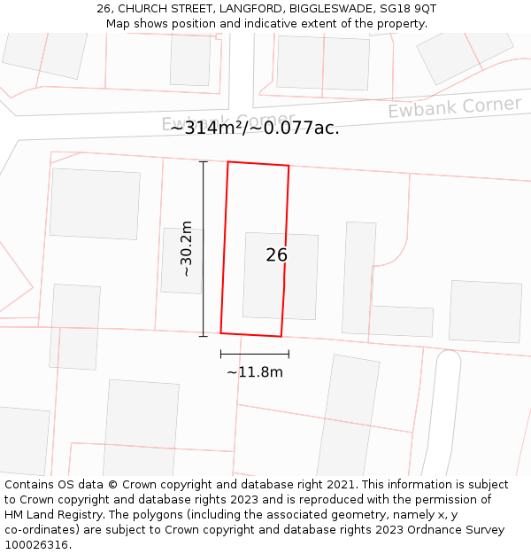 26, CHURCH STREET, LANGFORD, BIGGLESWADE, SG18 9QT: Plot and title map