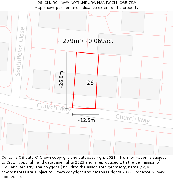 26, CHURCH WAY, WYBUNBURY, NANTWICH, CW5 7SA: Plot and title map