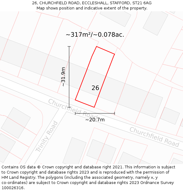 26, CHURCHFIELD ROAD, ECCLESHALL, STAFFORD, ST21 6AG: Plot and title map