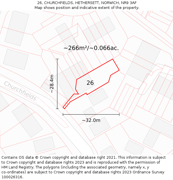 26, CHURCHFIELDS, HETHERSETT, NORWICH, NR9 3AF: Plot and title map