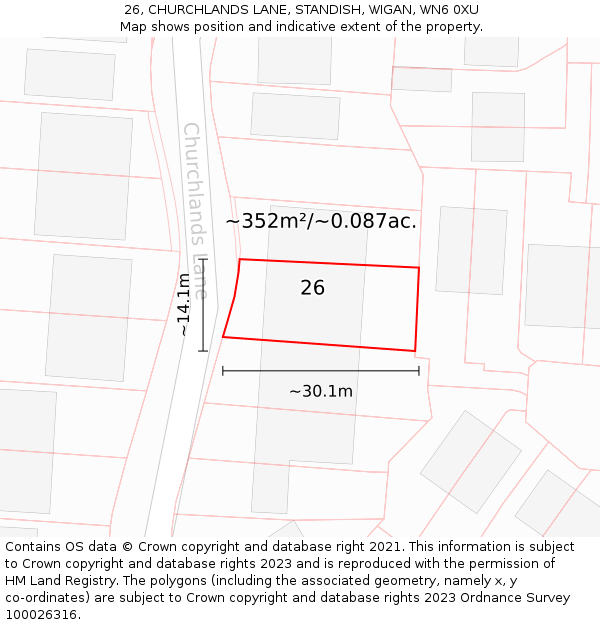 26, CHURCHLANDS LANE, STANDISH, WIGAN, WN6 0XU: Plot and title map