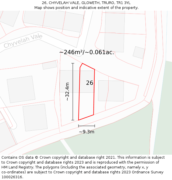 26, CHYVELAH VALE, GLOWETH, TRURO, TR1 3YL: Plot and title map