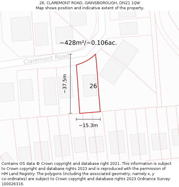 26, CLAREMONT ROAD, GAINSBOROUGH, DN21 1QW: Plot and title map