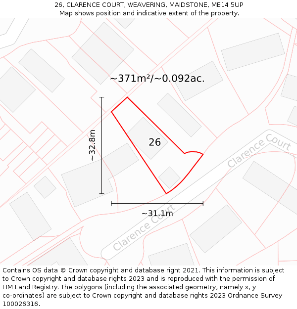 26, CLARENCE COURT, WEAVERING, MAIDSTONE, ME14 5UP: Plot and title map