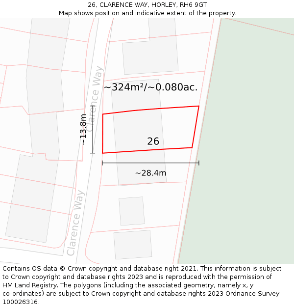 26, CLARENCE WAY, HORLEY, RH6 9GT: Plot and title map