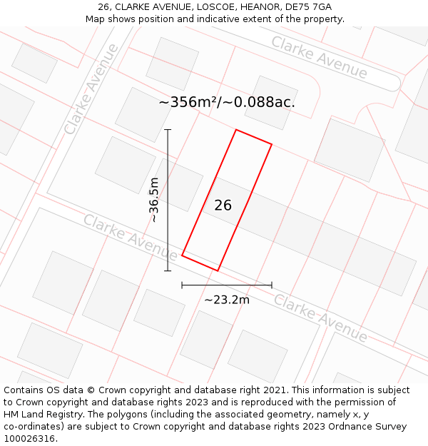 26, CLARKE AVENUE, LOSCOE, HEANOR, DE75 7GA: Plot and title map