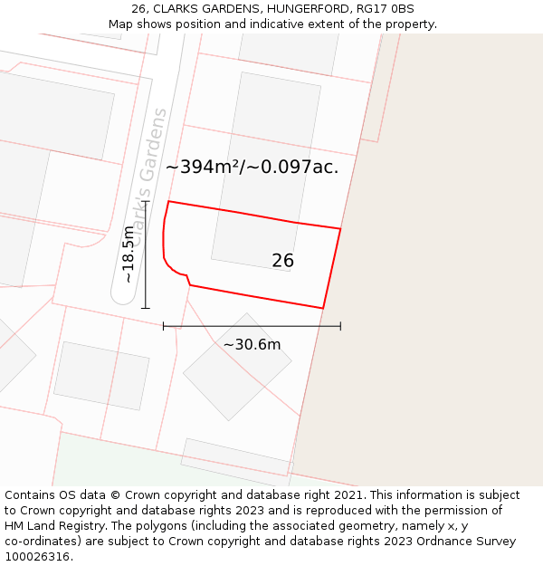 26, CLARKS GARDENS, HUNGERFORD, RG17 0BS: Plot and title map