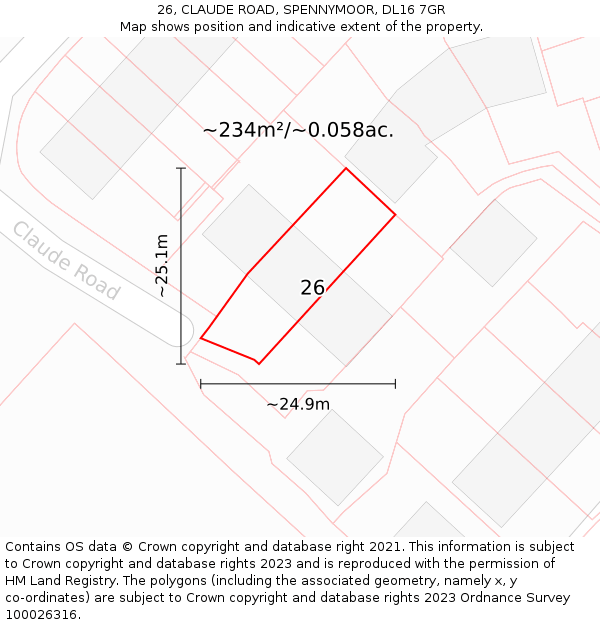 26, CLAUDE ROAD, SPENNYMOOR, DL16 7GR: Plot and title map