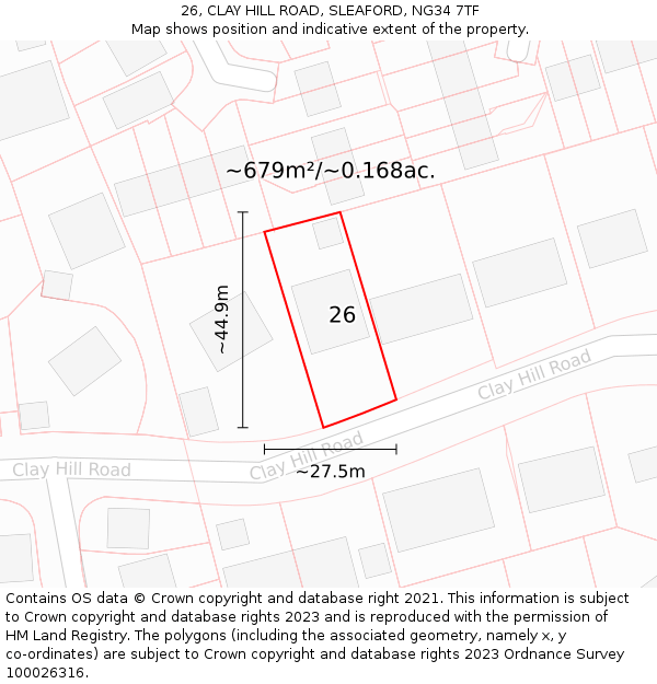 26, CLAY HILL ROAD, SLEAFORD, NG34 7TF: Plot and title map