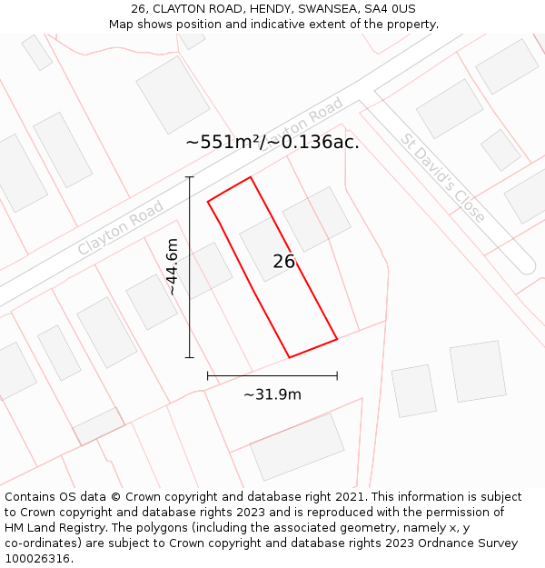 26, CLAYTON ROAD, HENDY, SWANSEA, SA4 0US: Plot and title map