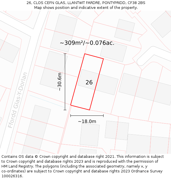 26, CLOS CEFN GLAS, LLANTWIT FARDRE, PONTYPRIDD, CF38 2BS: Plot and title map