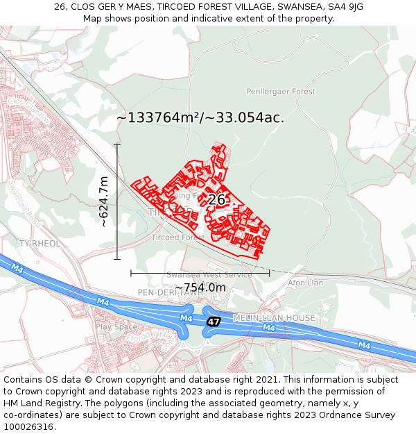 26, CLOS GER Y MAES, TIRCOED FOREST VILLAGE, SWANSEA, SA4 9JG: Plot and title map