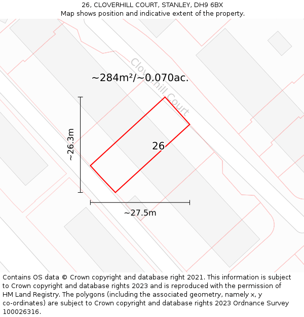26, CLOVERHILL COURT, STANLEY, DH9 6BX: Plot and title map