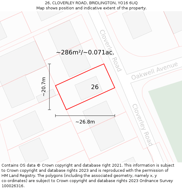 26, CLOVERLEY ROAD, BRIDLINGTON, YO16 6UQ: Plot and title map