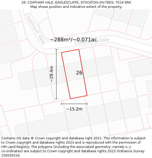 26, COATHAM VALE, EAGLESCLIFFE, STOCKTON-ON-TEES, TS16 0RA: Plot and title map
