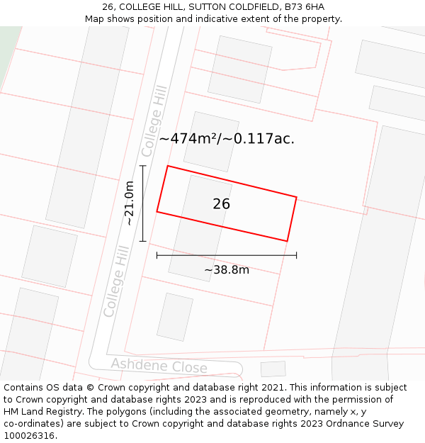 26, COLLEGE HILL, SUTTON COLDFIELD, B73 6HA: Plot and title map