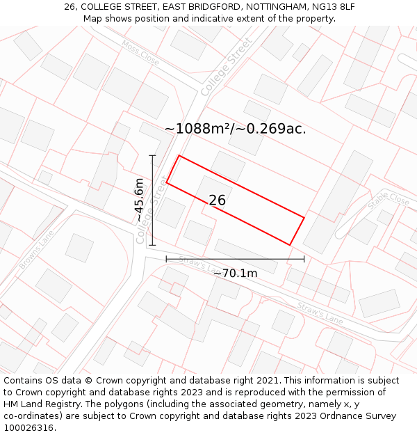 26, COLLEGE STREET, EAST BRIDGFORD, NOTTINGHAM, NG13 8LF: Plot and title map