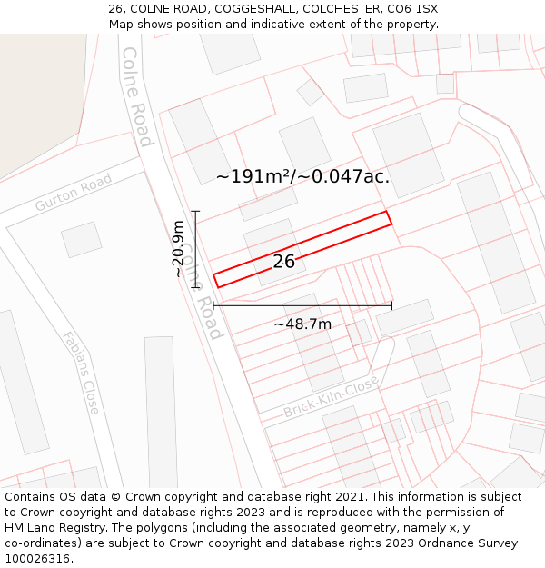 26, COLNE ROAD, COGGESHALL, COLCHESTER, CO6 1SX: Plot and title map