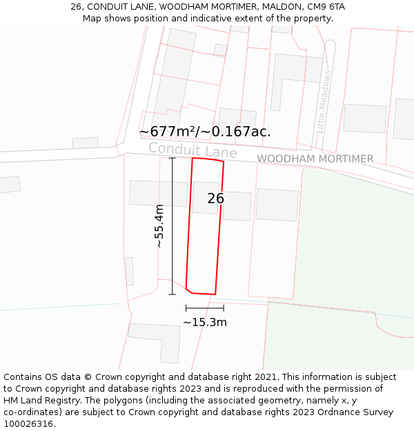 26, CONDUIT LANE, WOODHAM MORTIMER, MALDON, CM9 6TA: Plot and title map