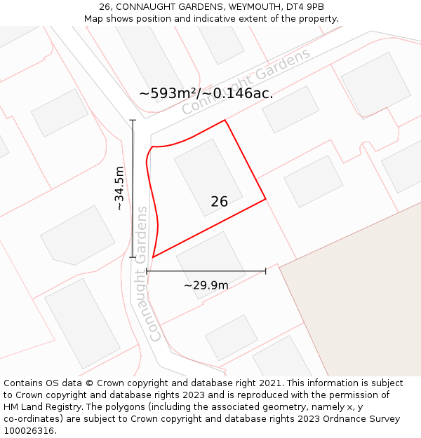 26, CONNAUGHT GARDENS, WEYMOUTH, DT4 9PB: Plot and title map