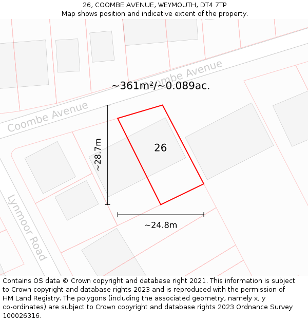 26, COOMBE AVENUE, WEYMOUTH, DT4 7TP: Plot and title map