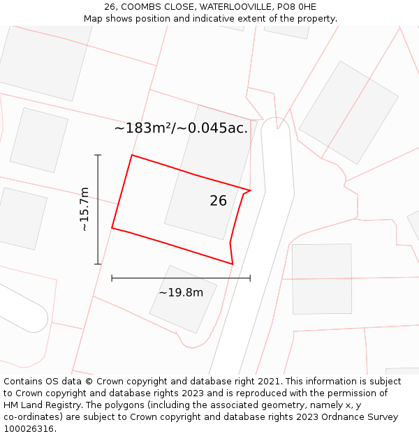 26, COOMBS CLOSE, WATERLOOVILLE, PO8 0HE: Plot and title map