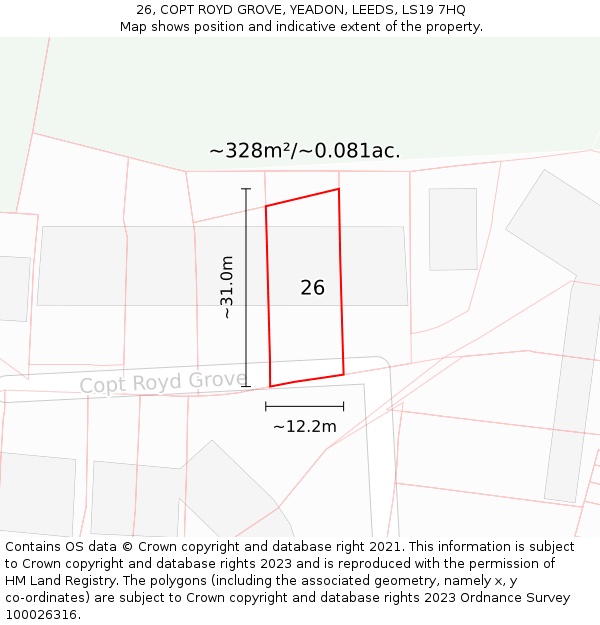 26, COPT ROYD GROVE, YEADON, LEEDS, LS19 7HQ: Plot and title map