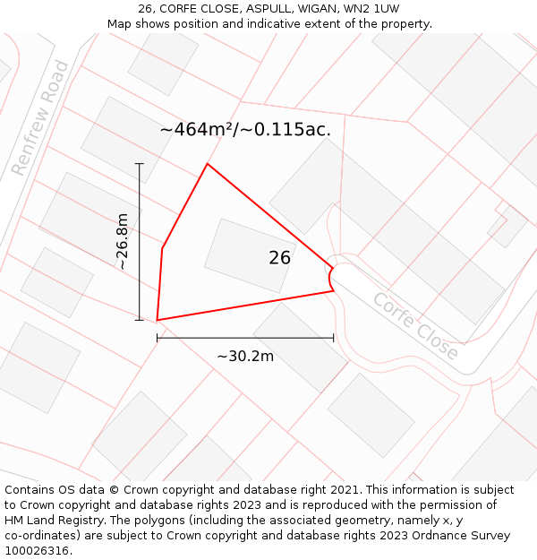 26, CORFE CLOSE, ASPULL, WIGAN, WN2 1UW: Plot and title map