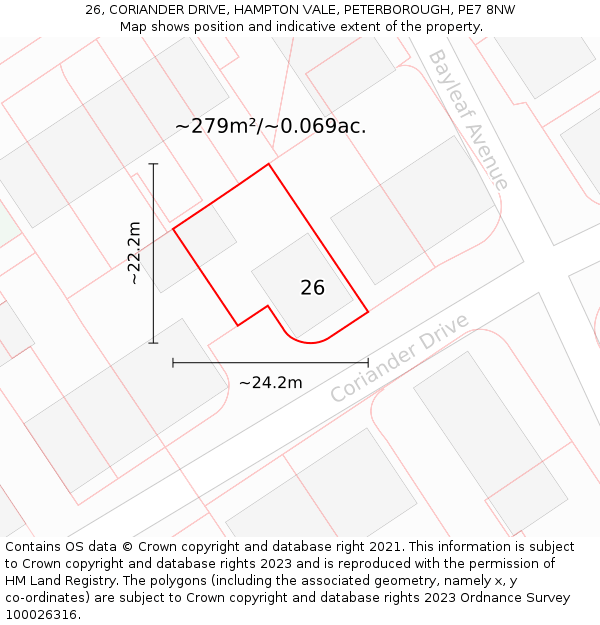 26, CORIANDER DRIVE, HAMPTON VALE, PETERBOROUGH, PE7 8NW: Plot and title map