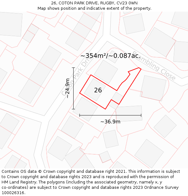26, COTON PARK DRIVE, RUGBY, CV23 0WN: Plot and title map