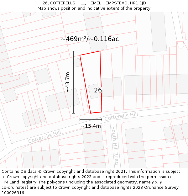 26, COTTERELLS HILL, HEMEL HEMPSTEAD, HP1 1JD: Plot and title map