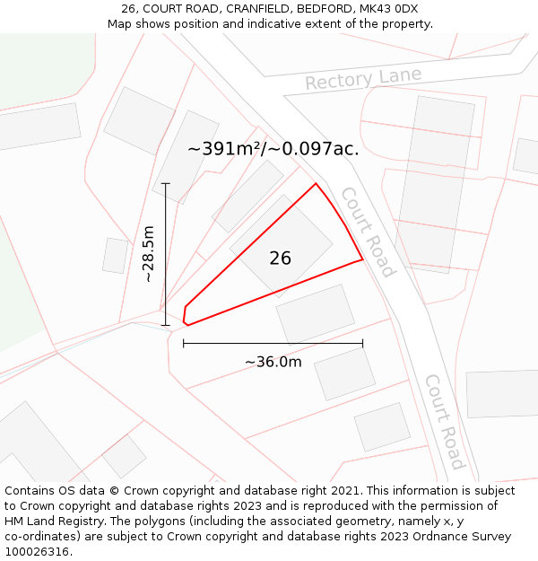 26, COURT ROAD, CRANFIELD, BEDFORD, MK43 0DX: Plot and title map