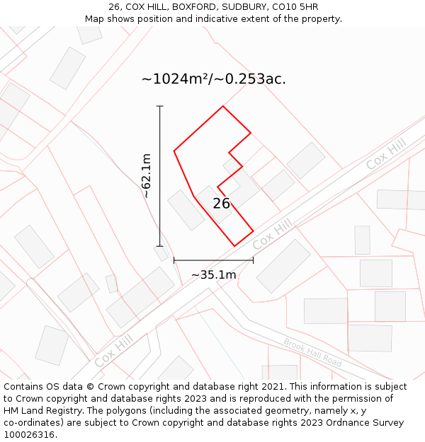 26, COX HILL, BOXFORD, SUDBURY, CO10 5HR: Plot and title map