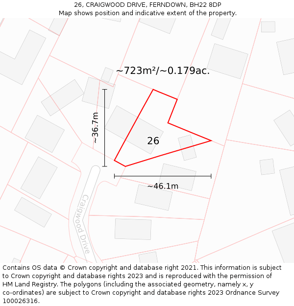 26, CRAIGWOOD DRIVE, FERNDOWN, BH22 8DP: Plot and title map