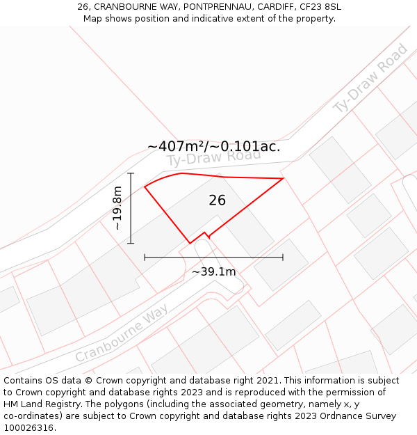 26, CRANBOURNE WAY, PONTPRENNAU, CARDIFF, CF23 8SL: Plot and title map