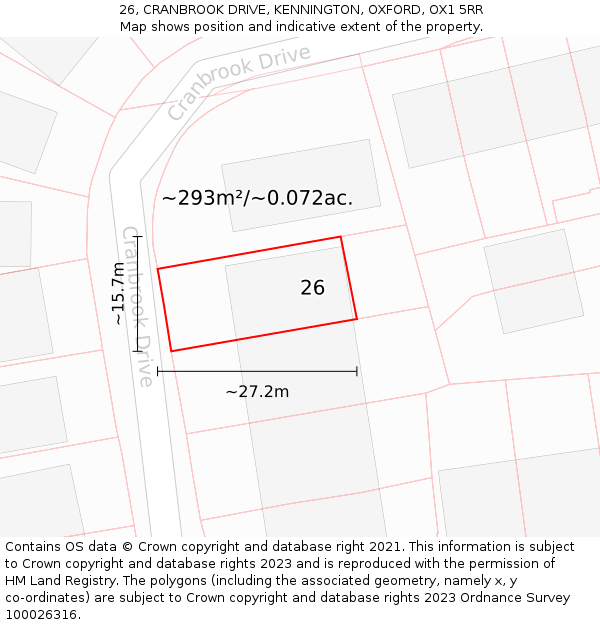 26, CRANBROOK DRIVE, KENNINGTON, OXFORD, OX1 5RR: Plot and title map