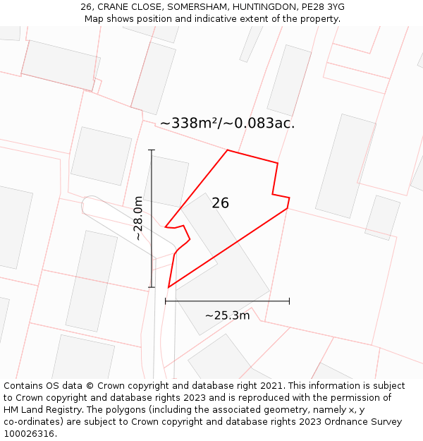 26, CRANE CLOSE, SOMERSHAM, HUNTINGDON, PE28 3YG: Plot and title map
