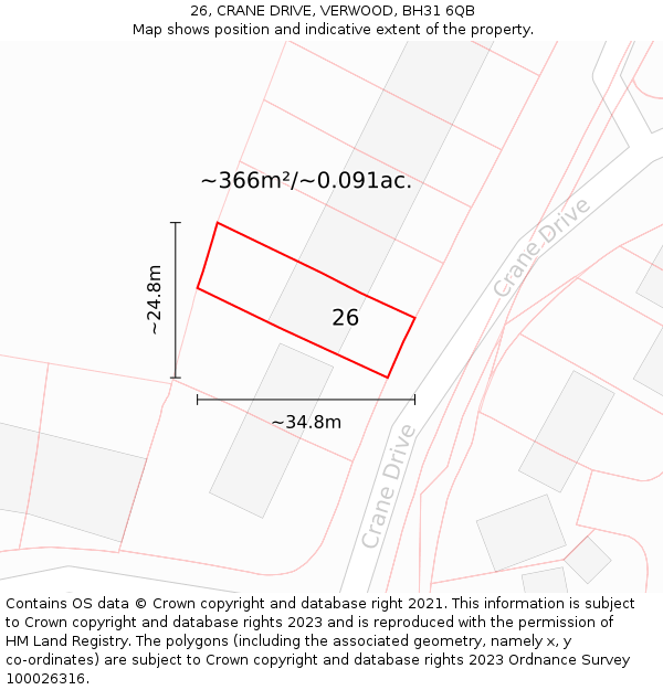 26, CRANE DRIVE, VERWOOD, BH31 6QB: Plot and title map