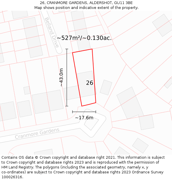 26, CRANMORE GARDENS, ALDERSHOT, GU11 3BE: Plot and title map